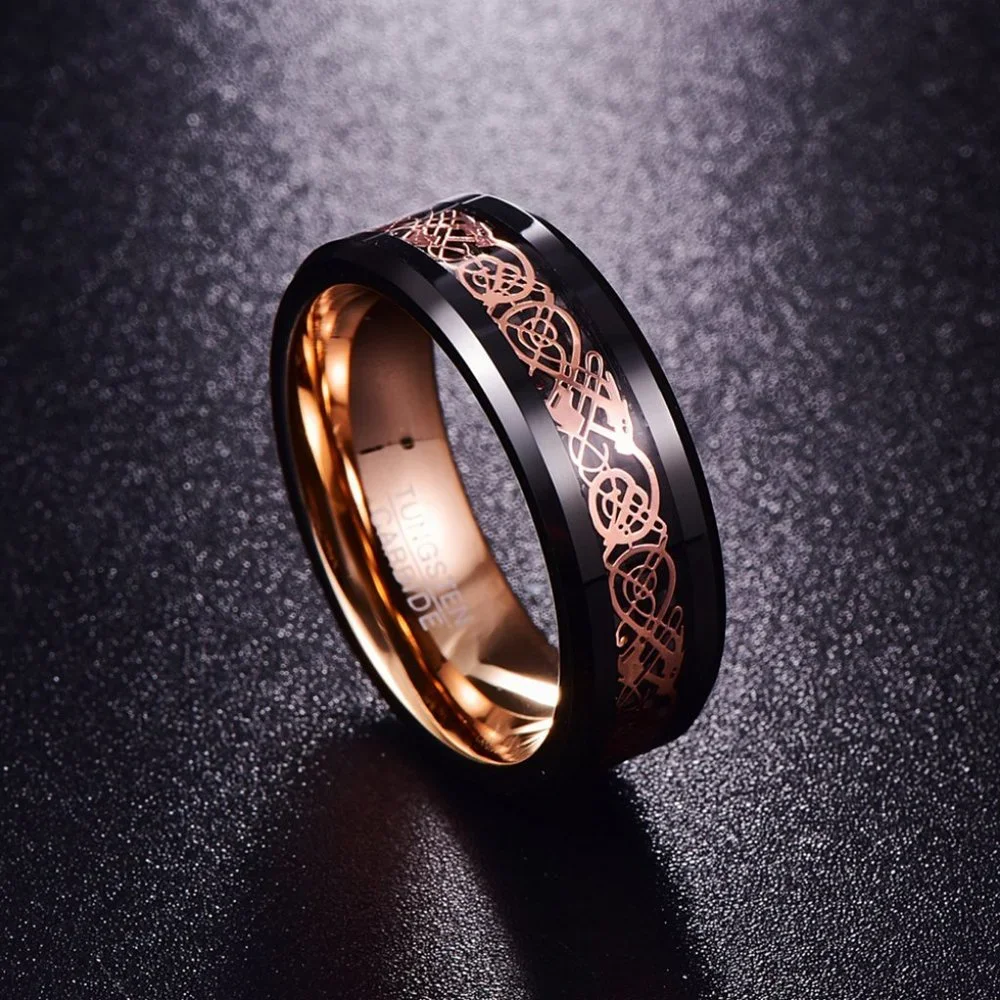 Black and Rose Gold Celtic Tungsten Carbide Ring - Men's Fashion Band